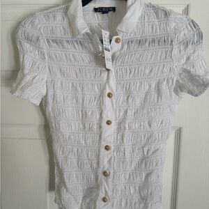 J. Crew White Textured Blouse with Gold Accents